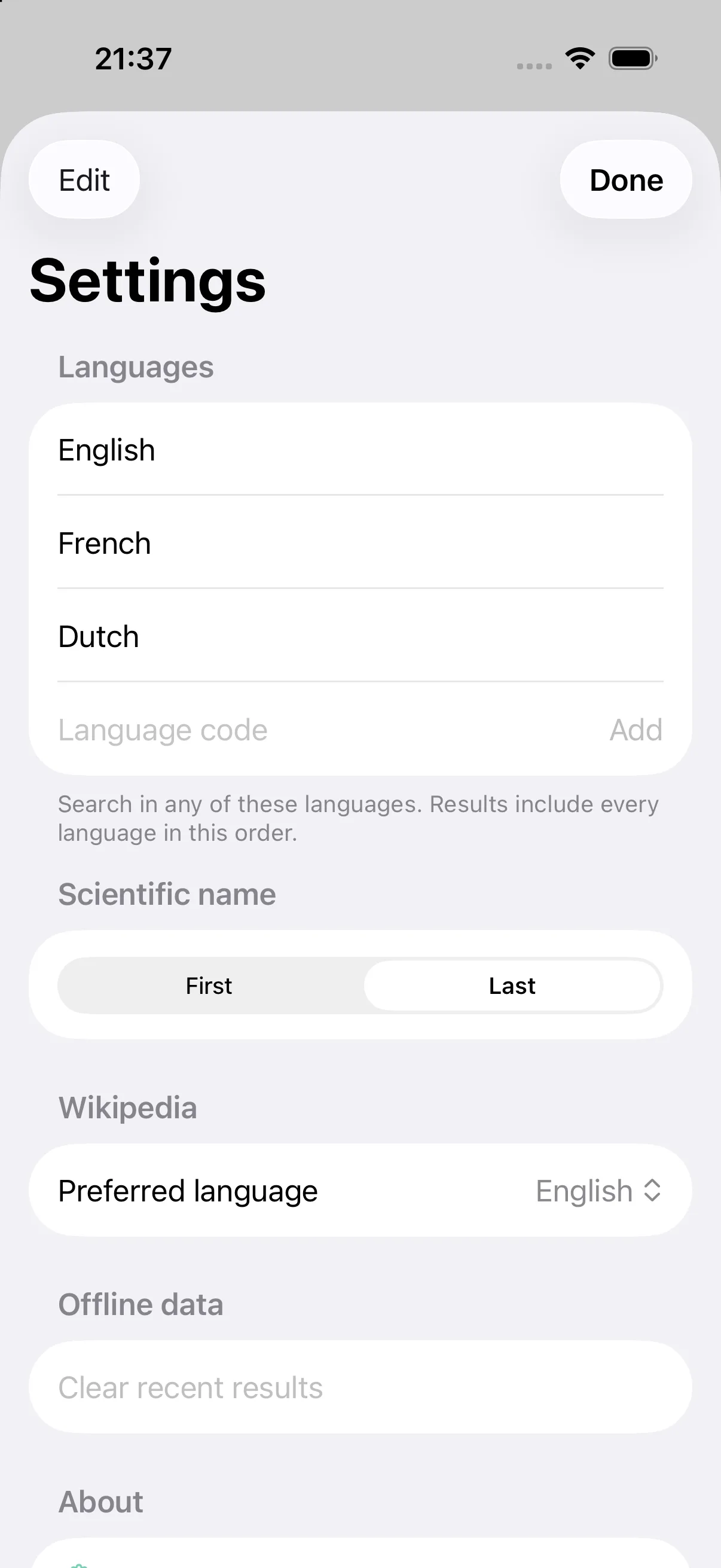 Taxon Translate language settings showing English, French, and Dutch in the selected order.